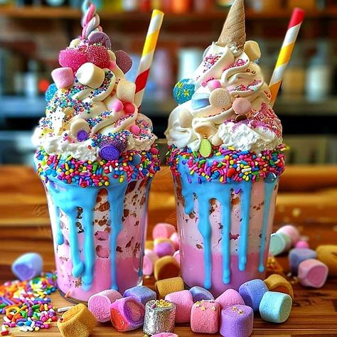 Crazy Milkshakes, Crazy Shakes, Rainbow Drinks, Street Food Design, Amazing Food Platters, Rainbow Ice Cream, Colorful Desserts, Candy Drinks, Yummy Ice Cream