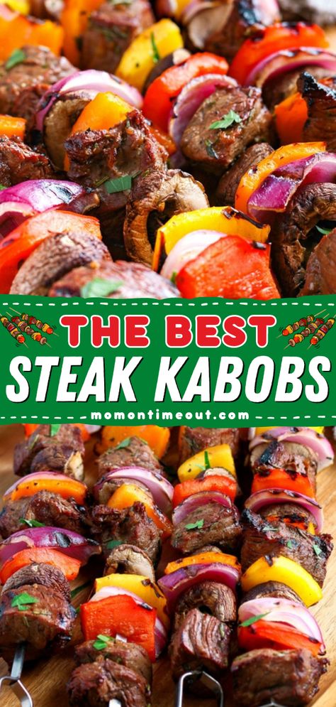 The BEST steak kabobs on the grill! They're a favorite summer grilling idea for dinner featuring a simple steak marinade. Skewered with veggies, these grilled steak kabobs are an all-in-one meal! Put these beef kabobs on your Father's Day recipes! Kebab Marinade, Steak Kabob Marinade, Grilled Beef Kabobs, Grilled Steak Kabobs, Best Steak Marinade, Kabob Marinade, Steak Kebabs, Fruit Kebabs, The Best Steak