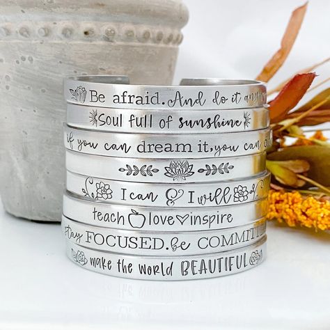 CUSTOMIZEDPERSONALIZED Bracelethand Stamped Skinny Silver Cuffcustom Saying Braceletmantra Braceletname Bracelet - Etsy Mantra Bracelet, Stone Engraving, Stamped Bracelet, Craft Classes, Design Stamps, Name Bracelet, Stamped Jewelry, Silver Cuff, Blacksmithing