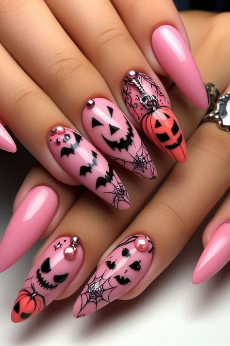 #PinkSpookyNails #BoldHalloweenManicure #NailArtInspiration #HalloweenNailDesigns #FunNailIdeas #PinkNails #HalloweenStyle #CreativeManicure Glittery Halloween Nails, Creative Nail Ideas, Halloween Manicure, Halloween Elements, Cute Halloween Nails, Stunning Nail Designs, Pink Shades, Pink Halloween, Halloween Nail Art