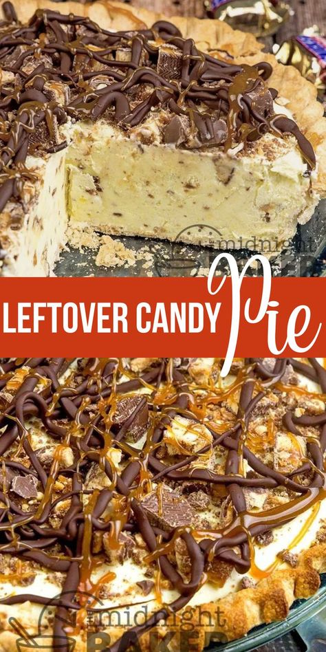 What do you do with leftover halloween candy like snickes? You make the best Thanksgiving cream pie recipe. So easy to make and so delicious. Caramel Delight Pie, Candy Bar Pie Recipes, Candy Bar Pie, Icebox Pies, Leftover Halloween Candy Recipes, Halloween Candy Recipes, Candy Pie, Frozen Pudding, Dessert Pies