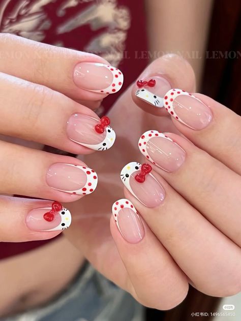 #Nailinspiration #cute #hellokitty Hello Kitty Nails French Tip, Hello Kitty Nails Simple, Hello Kitty French Tips, Kitten Nails, Uñas Hello Kitty, Frenchies Nails, Green Acrylic Nails, Kitty Nails, Hello Nails