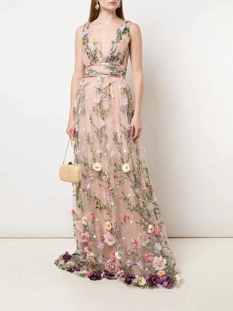 V-Neck 3D Floral Embroidered Gown – Marchesa Textured Bridesmaid Dresses, Textured Gown, Floral Embroidered Gown, Floral Applique Dress, Black Ball Gown, Gown Skirt, Essense Of Australia, Floral Wedding Dress, Designer Evening Gowns