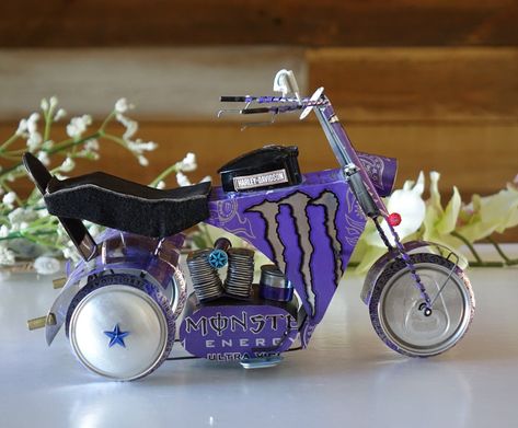 Monster Harley Davidson Style Trike Motorcycle Recycled Tin - Etsy Monster Cans Diy, Harley Davidson Style, Can Tab Crafts, Soda Can Crafts, Recycled Tin Cans, Monster Crafts, Recycle Cans, Trike Motorcycle, Recycled Tin