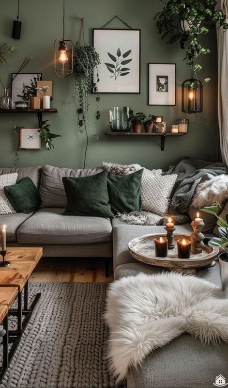 Light Gray Couch Dark Walls, Nature Living Room Ideas, Green Lounge Grey Sofa, Leds In Living Room, Black Green Apartment, Minimalist Art Living Room, Dark Green Living Room Grey Sofa, Emerald And Grey Living Room, Grey Couch Green Living Room