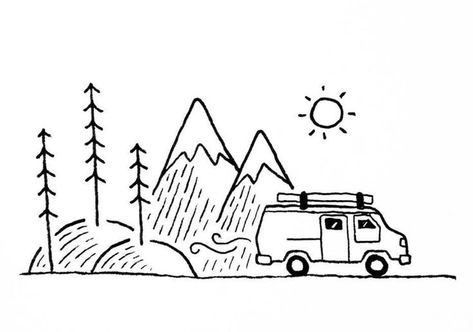 Campervan Tattoo, Vacation Doodles, Camper Drawing, Travel Booklet, Van Drawing, Travel Doodles, Let The Adventure Begin, Camping Camper, Travel Drawing