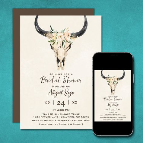 Boho Floral Cow Skull Brown Cream Bridal Shower for $3.08 - Bridal Shower Invitations Burgundy And Cream Wedding, Floral Cow Skull, Bridal Shower Venues, Cream Wedding Invitations, Western Wedding Invitations, Boho Bridal Shower Invitations, White Bridal Shower, Skull Wedding, Burgundy Wedding Invitations