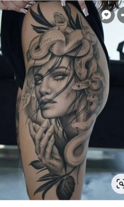 Large Medusa Tattoo, Back Tattoos Plus Size Women, Large Thigh Piece Tattoo, Tattoos That Follow Body Contours, Thigh Tattoos Medusa, Full Leg Piece Tattoo Women, Medusa Full Body Tattoo, Full Thigh Tattoo Women, Medusa Leg Sleeve Tattoo