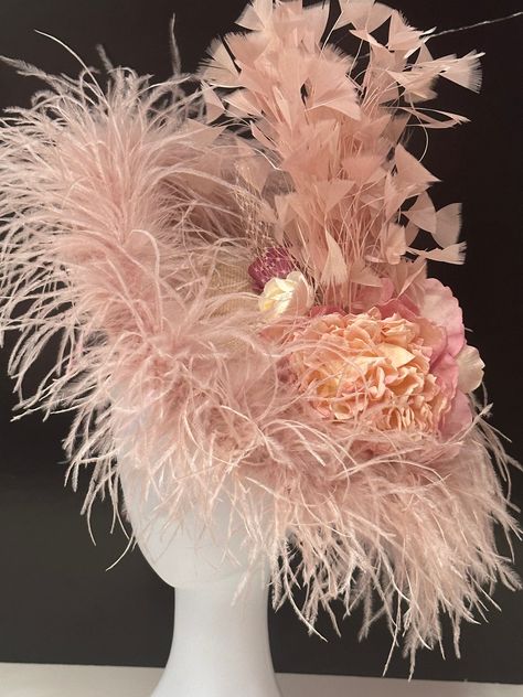 Couture Feather Hat, Kentucky Derby Fascinator Hat, Dusty Rose Beige Derby Fascinate Hat, Church Wedding Derby Hat, Garden Tea Party Hat High Tea Hat, High Tea Hats, Couture Fascinators, Blush Pink Fascinator, Fascinators Hats, Tea Hat, Cage Veil, Tea Hats, Kentucky Derby Fascinator