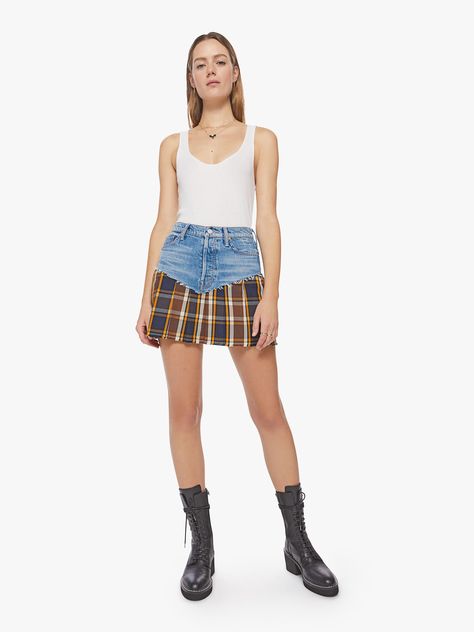 Plaid omen. A denim mini skirt with a high rise, raw edge and pleated bottom. Made from 100% cotton, the skirt is half denim and half navy, orange and brown plaid. Imported. Style No. 90331-1085-PUF Pink Denim Skirt, Vegan Leather Skirt, A Punk, A Farmer, Denim Skirt Women, Floral Denim, Denim Maxi Skirt, Corduroy Skirt, Mother Denim