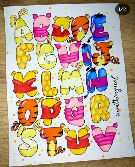 Winnie The Pooh Letters Alphabet, Letter Doodles Alphabet, Abc Fonts Cute, Lettering Ideas Alphabet, Letras Disney, Alfabeto Lettering, Hand Lettering Alphabet Fonts, Abc Font, Disney Letters