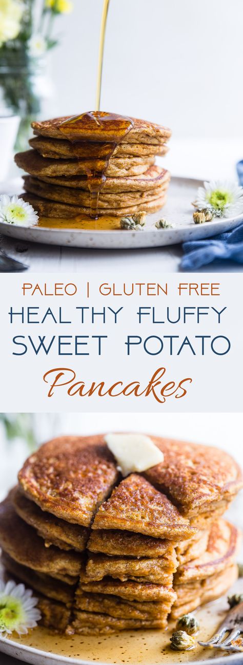 Gluten Free Paleo Sweet Potato Pancakes - SO fluffy and tender that you won't believe they're made without butter or oil! Perfect for a healthy breakfast and freezes great for busy mornings! | #Foodfaithfitness | #Glutenfree #Paleo #Healthy #Dairyfree #Pancakes Paleo Sweet Potato Pancakes, Low Carb Vegan Breakfast, Breakfast Sweet Potato, Sweet Potato Pancakes, Keto Vegan, Sweet Potato Breakfast, Gluten Free Recipes For Breakfast, A Healthy Breakfast, Potato Pancakes