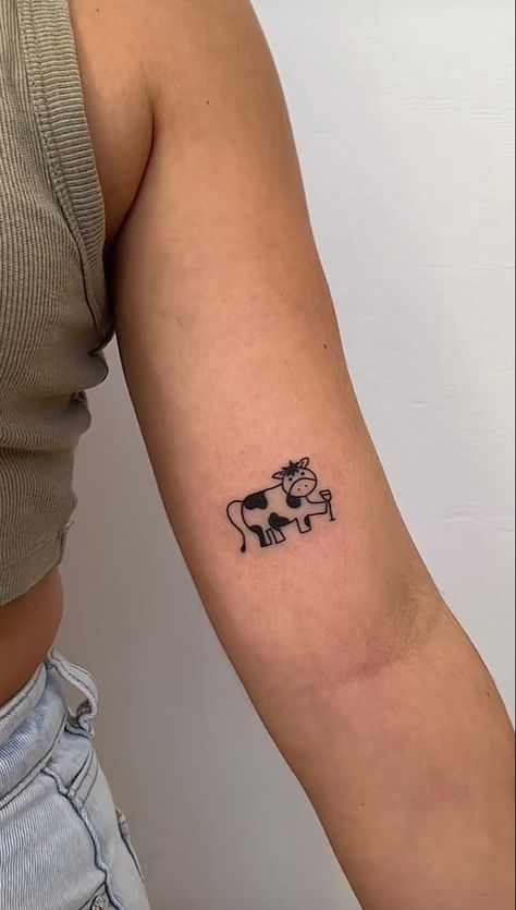 Cow Arm Tattoo, Small Cow Tattoo For Women, Small Cow Tattoo Ideas, Cow Tattoo Small Cute, Tiny Cow Tattoo Minimalist, Single Line Cow Tattoo, Cow Print Tattoo, Cow Tattoos, Small Cow