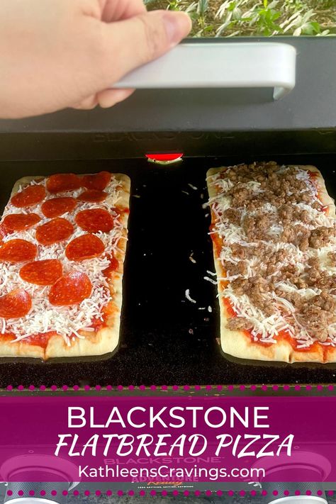 This Blackstone Flatbread Pizza recipe is a super easy twist on a classic family favorite. Perfect for a backyard get-together or even a quick weeknight dinner. Use store-bought flatbread crust (or naan bread) and your favorite toppings for pizza night that is ready in only 20 minutes. Pizza Stone Recipes, Flatbread Pizza Recipe, Naan Bread Pizza, Pizza Oven Recipes, Flatbread Pizza Recipes, Air Fryer Recipes Appetizers, Chicken Caesar Pasta Salad, Pita Pizzas, Griddle Recipes