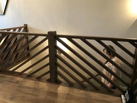 Geometric Stair Railing, Half Wall Stair Railing Ideas, Decorative Railings Interior, Bannister And Railing Ideas, Cool Railings For Stairs, Loft Bannister Ideas, Custom Stair Railing, Railing For Loft Ideas, Catwalk Railing Ideas