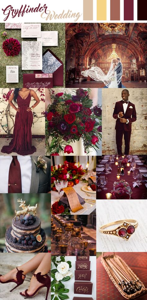 gryffindor inspired wedding details Harry Potter Winter Wedding, Harry Potter Wedding Color Schemes, Harry Potter Wedding Colors, Gryffindor Wedding Theme, Gryffindor Wedding, Hogwarts Wedding Ideas, Harry Potter Wedding Theme, Wedding Themes Summer, Wedding Color Pallet