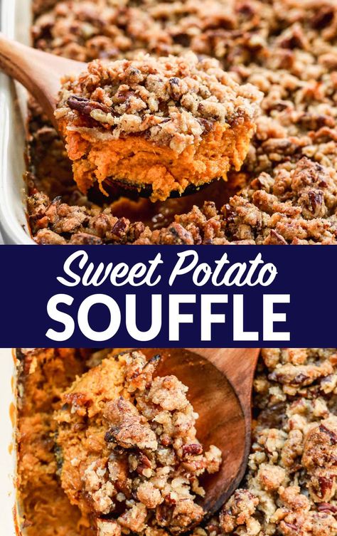 Healthy sweet potato souffle that's perfect for a holiday meal! This easy side dish uses simple ingredients like sweet potatoes, maple syrup, pecans, and vanilla to create delicious flavor. The perfect holiday side dish! #wellplatedrecipes #sweetpotatosouffle #holidaysidedish #vegetablesidedish #Thanksgivingsidedish #healthysidedish Sweet Potato Souffle Recipes With Pecans, Simple Sweet Potato Casserole Without Marshmallows, Southern Sweet Potato Souffle, Maple Sweet Potato Souffle, Potato Souffle, Turkey Dinners, Sweet Potato Side Dish, Maple Sweet Potatoes, Holiday Candy Recipes