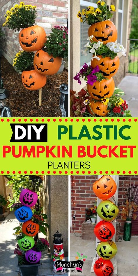 DIY Plastic Pumpkin Bucket Planters Pumpkins Decorating Ideas Fall, Stacking Plastic Pumpkins Porch, Fall Pumpkin Planter Ideas, Pumpkin Planters Diy, Dollar Tree Halloween Pumpkin Crafts, Diy Pumpkin Porch Decor, Pumpkin Theme Halloween Decor, Diy Outdoor Pumpkin Decorations, Plastic Pumpkins Diy