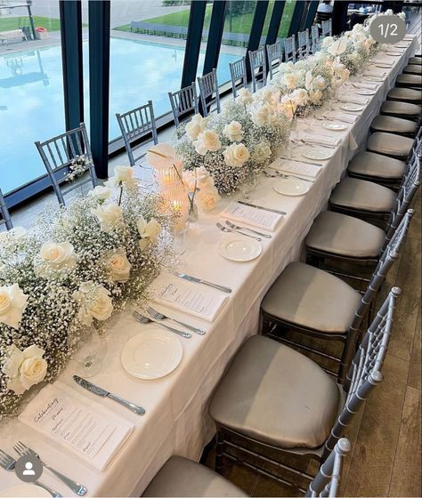 Bridal Shower Long Table, Simple White Rose Table Decor, Low Centerpieces Wedding Long Table, Large Head Table Wedding Decorations, White Roses And Gypsophila Wedding, Rectangular Table Decor Wedding, Rectangle Reception Tables Centerpieces, Babys Breath Table Scape, Rectangle Centerpiece Wedding