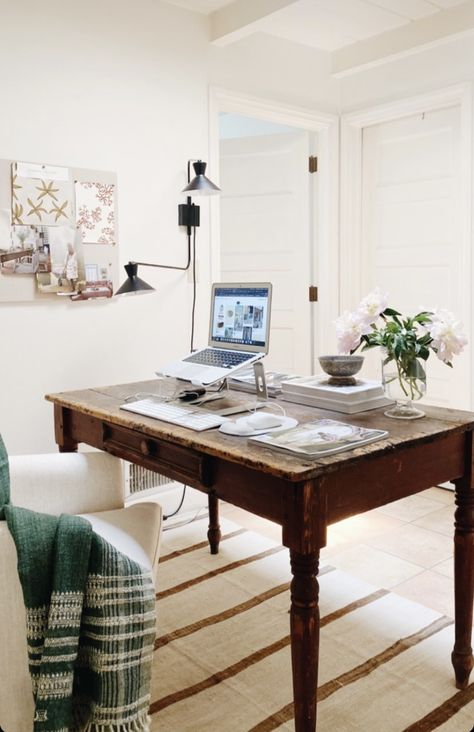 Nancy Meyers Home Office, Vintage Desk Styling, Anthropologie Home Office, Nancy Meyers Office Aesthetic, Nancy Meyers Office, Desk In Middle Of Office, Country Cottage Office, Table As Desk, Thrifted Office