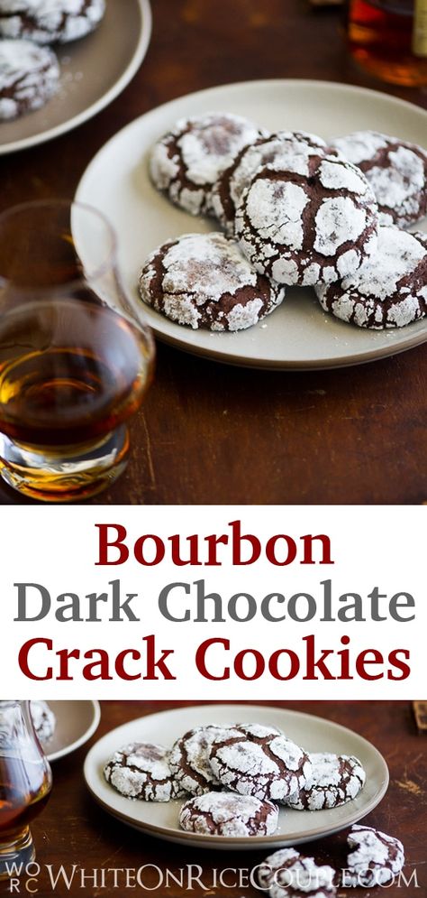 Dark Chocolate Baked Goods, Bourbon Christmas Cookies, Boozy Christmas Cookies, Bourbon Chocolate Chip Cookies, Pub Cookies, Bourbon Desserts, Boozy Cookies, Dark Chocolate Treats, Boozy Cakes