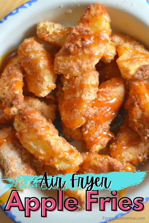 These air fryer apple fries as a fun twist on an apple snack. They're quite easy to make and more delicious than any fries I've had. #snackideas #healthysnack #applesnack #airfryerrecipe Apple Fries Recipe, Air Fryer Apple Fries, Easy Healthy Snack Ideas, Random Desserts, Apple Fries, Easy Healthy Snack, Air Fryer Recipes Dessert, New Air Fryer Recipes, Air Fryer Recipes Snacks