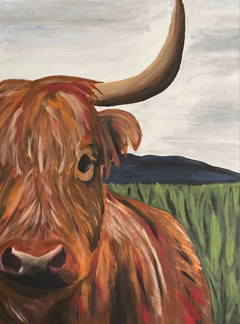 Longhorn Cow Painting Easy, Hiland Cow Painting Easy, Texas Painting Ideas Easy, Western Simple Painting Ideas, Painting Ideas Western Easy, Paint Highland Cow, Country Music Painting Ideas, Easy Rustic Paintings, Western Simple Paintings