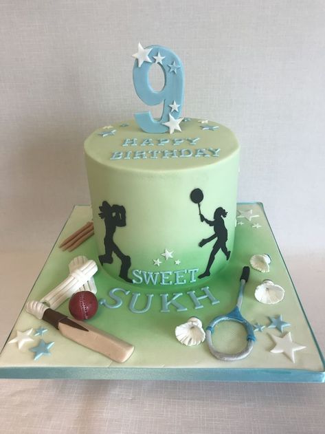 Multi Sport theme cake with silhouettes of cricketer and badminton player Multi Sports Cake, Badminton Theme Cake, Badminton Cake, Silhouette Cakes, Cricket Cake, Bday Themes, 17 Birthday Cake, 17 Birthday, Badminton Player