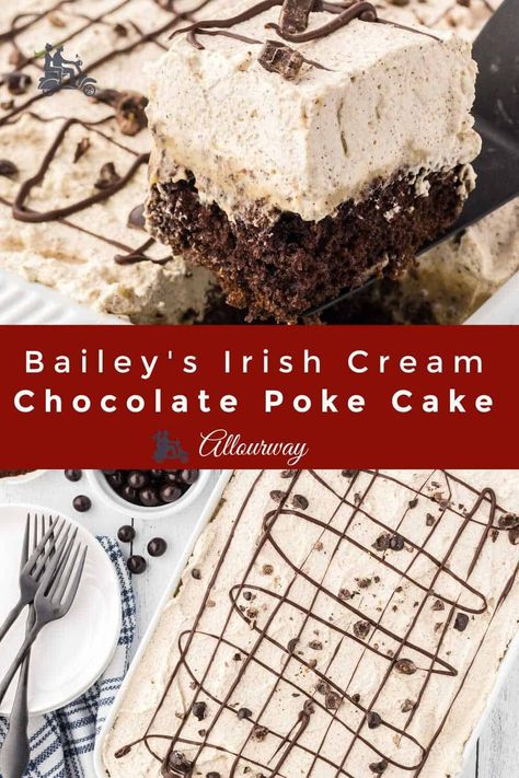 If you're looking for a delicious dessert that will impress all your friends and family, this Bailey's Irish Cream Chocolate Poke Cake made with Chocolate Cake Mis and Vanilla Pudding will do it. This decadent treat combines the rich flavors of dark chocolate and Bailey's Irish Cream with a moist and fluffy cake base. It's easy to make, and this dessert will have everyone asking for your secret recipe. Chocolate Espresso Beans, Chocolate Covered Espresso Beans, Chocolate Poke Cake, Fluffy Cake, Dessert Cakes, Quick Cake, Cake Base, Strawberry Cake Mix, Boozy Desserts