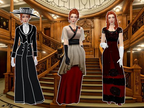 mmcc lookbooks: Titanic Lookbook - Rose Sims 4 Titanic, Sims Traits, Rose Dewitt Bukater, Rose Titanic, Titanic Dress, Lotes The Sims 4, Dress Creator, Sims 4 Decades Challenge, Titanic 1997