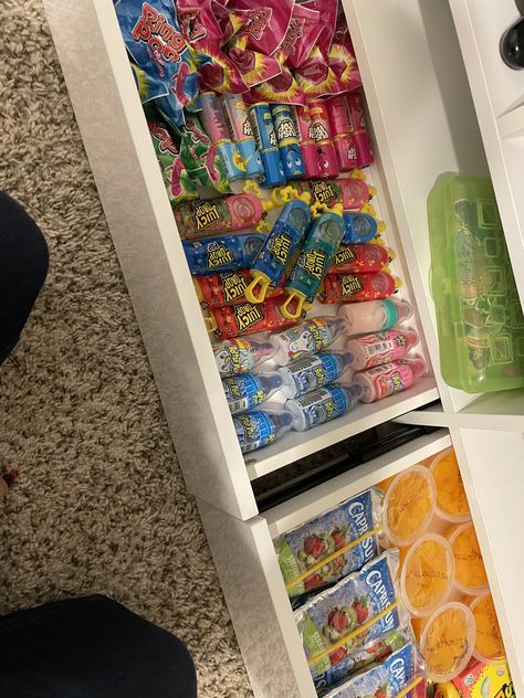 Snack Area In Bedroom Aesthetic, Snack Storage In Bedroom, Candy Drawer Bedroom, Food Stash In Bedroom, Food And Snack Ideas, Aesthetic Snack Drawer, Room Snack Stash, Hidden Snack Stash In Bedroom, Snack Stash In Bedroom Aesthetic