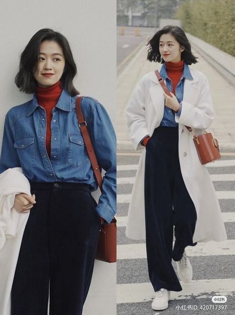 Business Women Outfits Chic, Chic Japanese Fashion, Casual Winter Outfits Korean Style, Office Outfits Women Trendy, Vintage Outfits Jeans, Outfits With Colorful Shoes, Japan Work Outfit, Blue Outfit Office, Modern Office Outfit