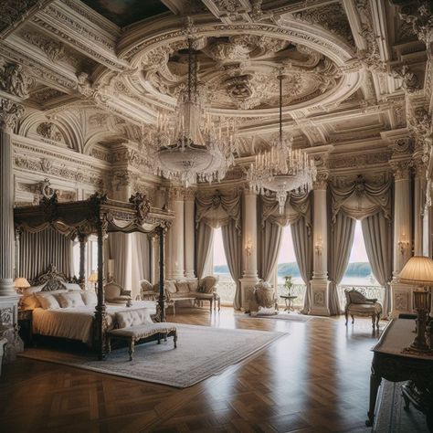 White Castle Bedroom, Royal Princess Bedroom Aesthetic, Big Royal Bedroom, Castles Interior Bedroom, European Chateau Interior, Castle Bedroom Luxury, Rooms In A Castle List, Castle Bedroom Medieval, Interior Castle