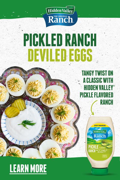 Which came first, the pickle or the egg? Doesn’t matter, they’re both going in your mouth. This dill pickle deviled eggs recipe is just like your grandma’s recipe but better. That’s because they have two of your favorite things: ranch and pickles (aka perfection). It's a tangy twist on a classic featuring Hidden Valley® Pickle Flavored Ranch. Click for the recipe! Dill Pickle Ranch Deviled Eggs, Pickled Ranch Deviled Eggs, Pickle Deviled Eggs Recipe, Dill Pickle Deviled Eggs, Summer Side Dishes For Bbq, Pickle Deviled Eggs, Dill Pickle Ranch, Pickle Ranch, Ranch Deviled Eggs