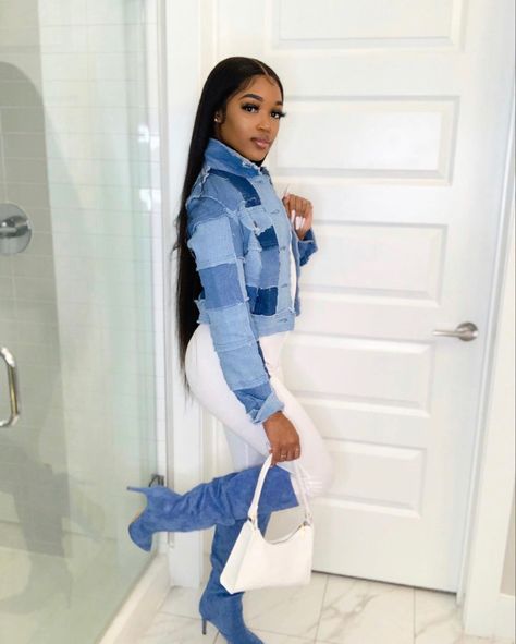 Blue Winter Outfits For Black Women, Blue Jean Boots Outfit, Baddie Blue Outfits, Blue Birthday Outfit Black Women, Blue Birthday Outfit Ideas, Shades Of Blue Outfits For Women, White And Denim Outfits Black Woman, Denim Boots Outfit Ideas, Blue Baddie Outfits