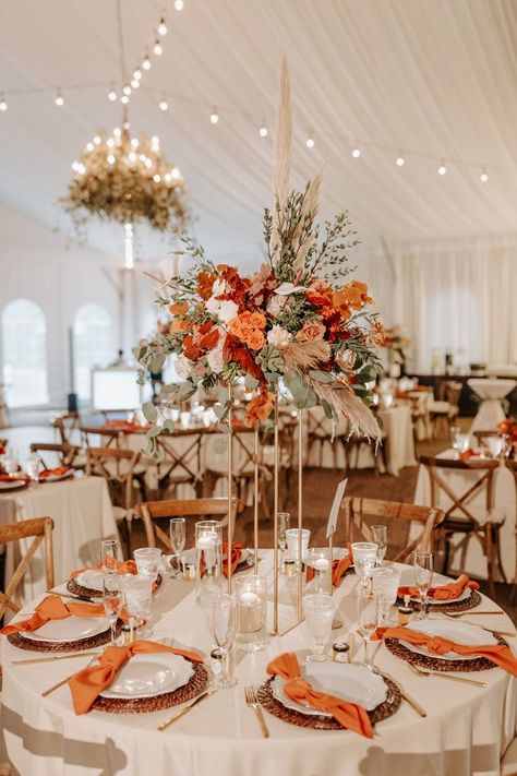 Tall centerpieces are some of our favorite pieces to design, especially when they feature bold colors & fun textures! Orange Wedding Centerpieces, Cranberry Wedding, Orange And Cranberry, Orange Wedding Themes, Fall Wedding Color Schemes, Fall Wedding Tables, Burnt Orange Weddings, Wedding Themes Fall, Fall Wedding Centerpieces