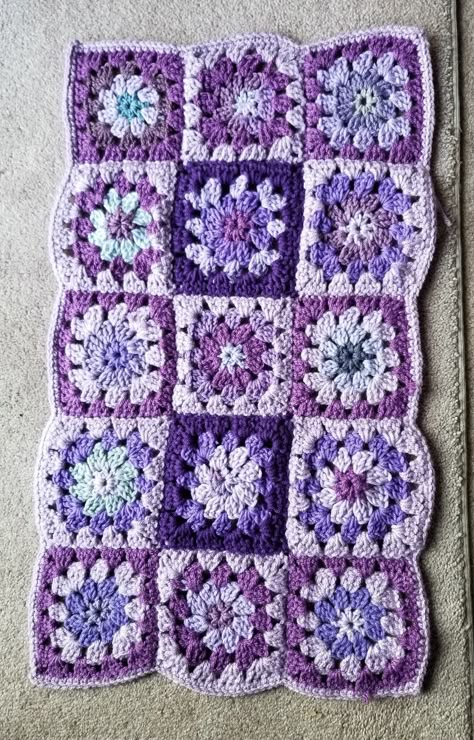 Mixed Purples Handmade Crocheted Granny Square Rug  Find it on Ebay! seller: jpbyjennie  #jpbyjennie Purple Crochet Granny Squares, Purple Granny Square Crochet, Purple Granny Square Blanket, Lavender Granny Square, Roblox Crochet, Granny Square Rug, Purple Granny Square, Blanket Inspiration, Purple Crochet