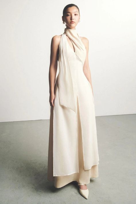 Yen Layered High Neck Floss Silk Ankle Length Dress | MEAN BLVD Iris Van Herpen White Dress, Layered White Dress, Elegant Silk Midi Dress, Elegant Mini Wedding Dress, Scarf Over Dress, White And Gold Outfits, Dress With Neck Scarf, Chic White Dress, Couture Mini Dress