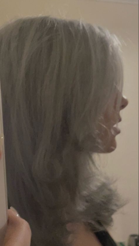 Silver grey hair with dark grey at the ends blended well and easy to do it has been curled at the end to show definition and flow Hair Dye Ideas Silver, Silver Hair Girl Aesthetic, Dyed Grey Hair, Silver Hair Aesthetic, Permanent Pink Hair Dye, Permanent Purple Hair Dye, Permanent Red Hair Dye, Silver Hair Girl, Grey Silver Hair