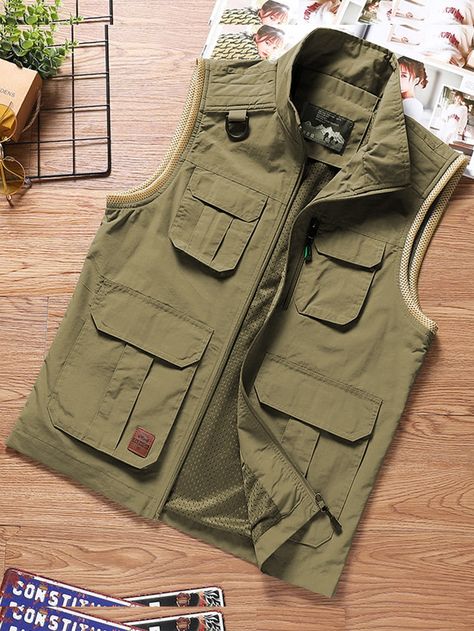 Khaki Street  Sleeveless Polyester Plain Vest  Non-Stretch Spring/Fall Men Outerwear Mens Sleeveless Jacket, Multi Pocket Vest, Adidas Outfit Women, Plain Vest, Vest Sewing Pattern, Men Outerwear, Stand Collar Top, Half Jacket, Pocket Vest