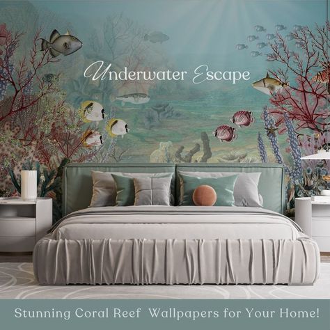 Dive deep into the ocean's beauty with our Coral Reef Wallpapers! 🌊 Each design features vibrant colors and lifelike coral scenes, perfect for creating a serene underwater oasis in your home. Explore our collection and find your perfect underwater escape. 🐟💧 #homedecor #underwaterbeauty #wallpaper #wallmurals #underwater Under The Sea Wall Mural, Bedroom Wallpaper Trends, Sea Wall Mural, Tropical Islands Paradise, Door Murals, Underwater Life, Stock Wallpaper, Ocean Scenes, Wallpaper Trends