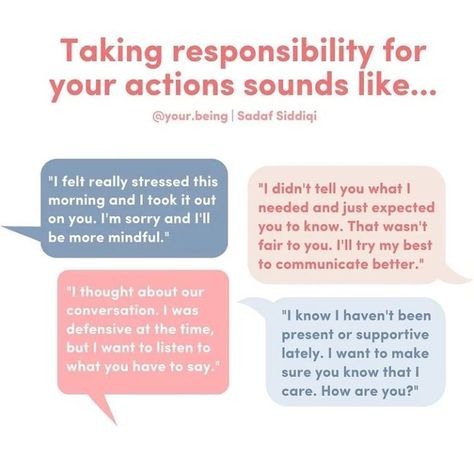 Lindsey •LCSW •C-SSWS • CATP on Instagram: “Taking responsibility for your actions sounds like... Credit 📷 @your.being 💯 | Follow @ontheothersideofthecouch for daily posts 💗 |…” Taking Responsibility For Your Actions, Take Responsibility For Your Actions, Healthy Vs Unhealthy Relationships, Assertiveness Training, Couples Communication, Taking Responsibility, Tough Conversations, Dbt Skills, How To Become Smarter