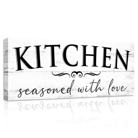 PRICES MAY VARY. Design: Black and white themed kitchen sign with quotes "Seasoned with love" - sturdy canvas, wooden texture, farmhouse style, equipped with hemp rope for easy hanging Easy to Hang: No assembly required and easy to mount to the wall, as the jute rope on the back for easy hanging. Lightweight, able to hang with command strips or hooks leaving no scratches on the wall Quality Material: The frame is made from solid wood. Through HD GICLÉE printing on sturdy canvas, the sign shows t Signs For The Kitchen Wall, Farmhouse Kitchen Wall Decor, Themed Kitchen, Vintage Farmhouse Kitchen, Kitchen Sign, Wooden Texture, Decorative Wall Plaques, Rustic Kitchen Decor, Farmhouse Decoration