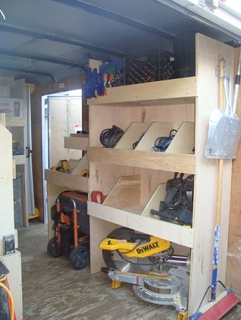 Trailer Storage Ideas Construction, Mobile Workshop Trailer, Tool Trailer Square Storage, Enclosed Trailer Shelving Ideas, Enclosed Trailer Tool Storage Ideas, Diy Enclosed Trailer Shelves, Enclosed Trailer Ideas Tools, Trailer Shelving, Van Shelving