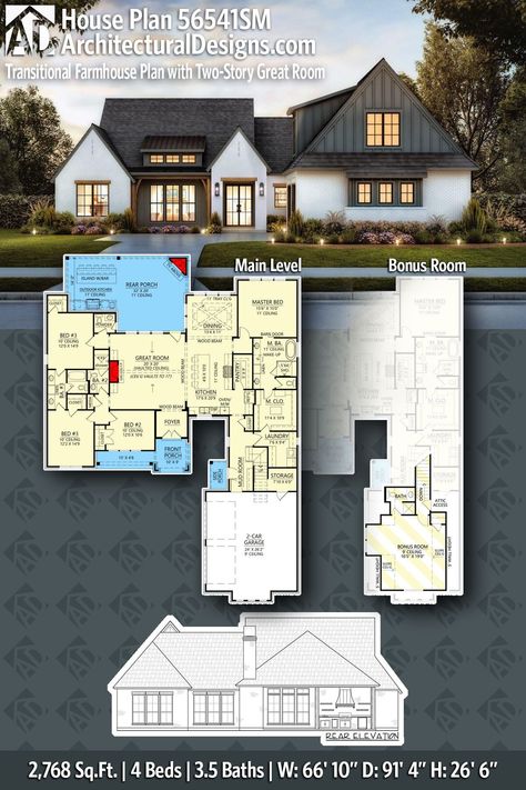 Modern Farmhouse House Plan 56541SM gives you 2700 square feet of living space with 4 bedrooms and 3.5 baths 2500 Sq Ft House Plans, Short Hallway, Modern Farmhouse Flooring, Bar Fireplace, Modern Farmhouse Floorplan, Spec House, Transitional Farmhouse, Vaulted Great Room, Farmhouse Floor Plans