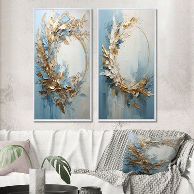 This beautiful "Blue And Gold Wreath Flower" Collage Set of 2 Wall art is printed on premium quality cotton canvas using the finest fade-resistant ink. With options like Wrapped Canvas and Floater Framed Wall Decor, we offer a versatile range to cater to your unique aesthetic preferences. The Wrapped Canvas Art is stretched tautly over a sturdy wooden frame, giving your artwork a sleek, borderless appearance. For those who desire a touch of elegance and depth, our floater-framed canvas art is th Wreath Wall Art, Wreath Wall Decor, Wreath Flower, Traditional Wall Art, Gold Wreath, Flower Collage, Picture Frame Designs, Blue Wreath, Wreath Wall