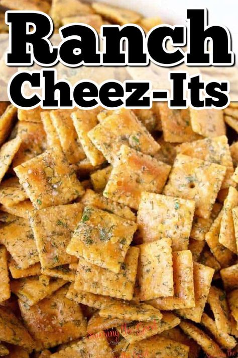 Ranch Cheez-Its - classic Cheez-It crackers covered in a butter ranch seasoning and baked until extra crispy and delicious! https://www.savoringthegood.com/homemade-seasoned-ranch-cheese-crackers/ Dill Ranch Cheez Its, Dilly Ranch Cheez Its, Ranch Seasoned Cheezits, Recipes Using Cheez Its, Fiesta Ranch Crackers, Cheese Itz Recipes, Ranch Cheese Its, Flavored Cheez Its, Alabama Fire Crackers No Bake