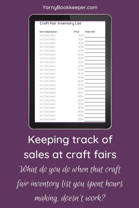 If you're like many handmade business owners, myself included, you spend HOURS make up an inventory list with pricing to take to the craft fair with you. But guess what, that inventory list that you spent hours creating ONLY works if someone buys a single item!!!!! It's totally worthless at tracking sales at a craft fair when people buy multiple items :-( Try this tip for tracking sales at craft fairs. Craft Fair Sales Log, Craft Show Inventory Printable, Price Signs For Craft Shows, Craft Booth Design, Inventory Printable, Tracking Template, Bookkeeping Tips, Art Booth, Inventory List