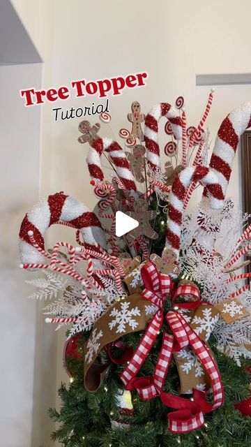 Emily Waldo on Instagram: "🍪 TREE TOPPER TUTORIAL! 💥 Thank you for your requests for this video ~ I love making tutorials based on your holiday needs! Today we are making a GIANT (but budget friendly) tree topper! 

What you’ll need: 

- large statement pieces. I got the candy canes from Hobby Lobby and they were budget friendly!
- a variety of “medium” sized sprays that have multiple elements. See how some have snowflakes and peppermint elements? 
- your “focal point” sprays. In this case we used gingerbread cookies to really tie in the theme! You can add your lime green or other colors here. 
- a bow (optional). To be honest I normally don’t do large bows for my tree toppers, but it’s all just based on whatcha like! 

In total you’ll want anywhere from 15-20 sprays of all prices to get Cupcake Tree Topper, Candy Cane Tree Topper Diy, Diy Xmas Tree Topper, Tree Topper Ideas Christmas, How To Make A Tree Topper, Homemade Tree Topper, Christmas Tree Topper Tutorial, Candy Tree Topper, Tree Topper Diy