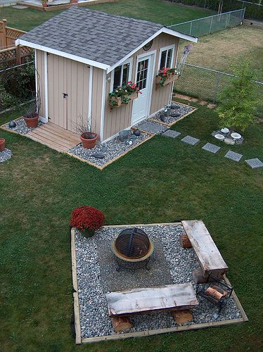 Yard Shed Landscaping, She Shed With Fire Pit, Backyard With Shed Layout, Rocks Around Shed, Outdoor Shed Decorating Ideas, Landscaping Around Sheds, Plants Around Shed, Shed Sitting Area, Small Sheds Ideas Backyard